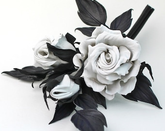 Leather rose corsage, leather anniversary gift for her, black white leather jewelry, rose brooch, white leather rose, 3rd anniversary gift