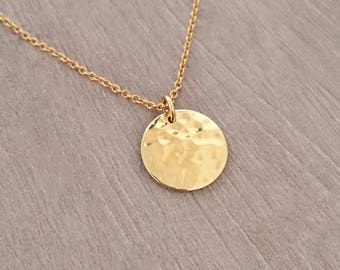 Gold Disc Necklace / Hammered Textured Finish / Minimalist Boho Layering Coin Medal Necklace / Bohemian Summer Layered Charm Necklace