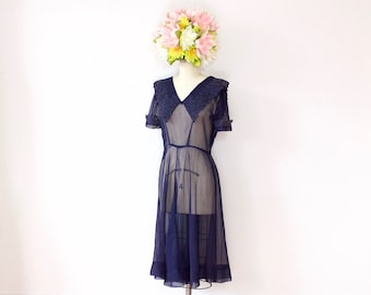 Vintage 40s/50s Party Dress - Lace Collar Sheer A-Line Dress Overlay Navy Blue - M
