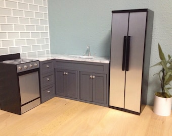 L Shaped corner kitchen cabinets and sink, Dollhouse furniture, 1:6 scale, 12" dolls