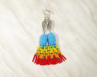 Indian earring Blue tassel earring Native american earring Seed bead earring Tribe tassel earring Native american inspired jewelry