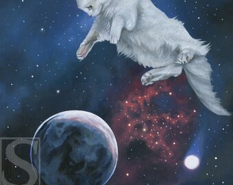 Outer Space Cat Original Oil Painting by Susan Van Sant 14x18 white cat outer space art