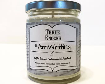 The #AmWriting Candle - Three Knocks Candles - Bookish Candle - Scented Soy Candle - 8 oz Jar