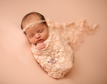 Baby Lace Wrap and Headband Set, Cream Pearl Headband, Newborn Wrap, Baby Photo Prop, newborn Props, RTS, Cream Wrap, Baby Props, Vintage