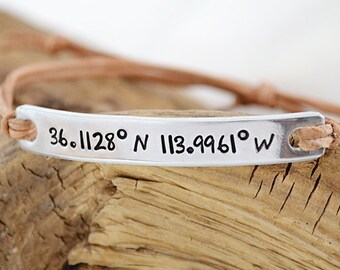 Coordinate Bracelet - Custom Coordinates - Latitude Longitude Location Jewelry - Silver Leather Bracelet - Personalized Coordinate Jewelry