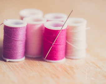 sewing room photo, spools of thread, craft room art, pink thread print, needle and thread, spool art, cottage chic art, craft room decor