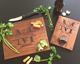 Personalized Cutting Board AND Bottle Opener Set Bridal Shower Gift Wedding Present Christmas QUICK SHIPPING (Item Number EEBB205)