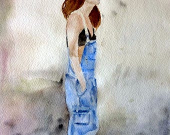 watercolor girl in overalls