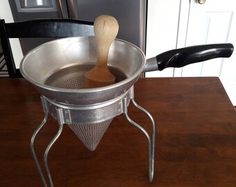 Vintage 1950's -60's Wear-Ever Aluminum Colander Food Mill w/ Stand and Pestle
