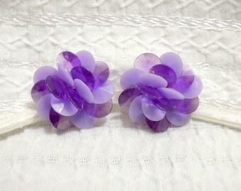 Vintage Cluster Earrings - Lavender and Purple Discs - Floral Mum Design - 1950s-60s - Clip On - Vintage Costume Jewelry