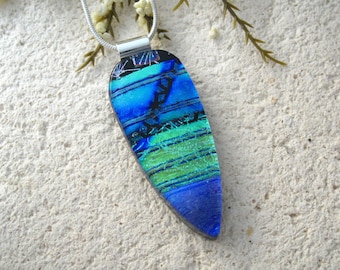 Cobalt Blue Green Necklace, Dichroic Glass Necklace, Fused Glass Jewelry, Dichroic Jewelry, Blue Necklace, ccvalenzo, 062517p101