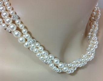 Triple Strand Swarovski Crystal Pearl Rhinestone Ball Bridal Necklace, The Amanda