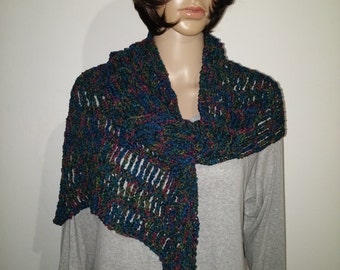 Crochet shawl in red, yellow, green, blue