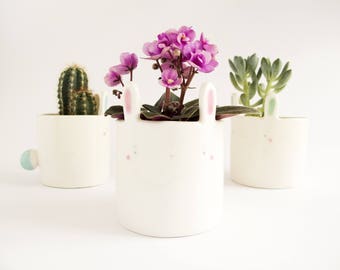 Sweet Bunny Planter Pot, Cute Ceramic Pot, Animal Plant Pot, Succulent Planter, Flower Planter Pot, Desk Planter, Rabbit Clay Planter.