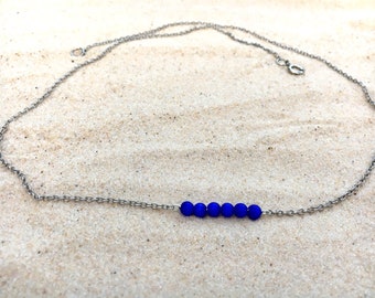 Blue beaded necklace, minimalist, chain, adjustable