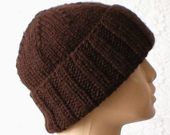 Dark brown watch cap, slouchy hat, brimmed beanie, brown hat, toque, beanie hat, mens womens knit hat, winter hat, ski snowboard, biker