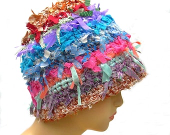 Unusual handmade crocheted hat cloche hat womens beanie rag crazy hat cool boho hat unique festival hat fun hat funky hat statement hat