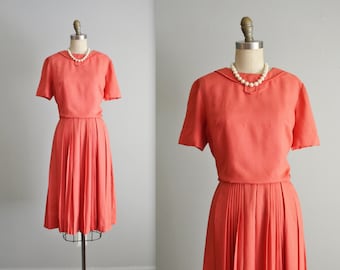 60's Coral Dress // Vintage 1960's Coral Full Pleated Skirt Mad Men Dress S