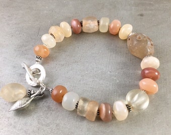 Peach Moonstone Bracelet, Ancient Agate Bracelet, Ancient Rock Crystal Bracelet, Rustic Bracelet, Organic Bracelet