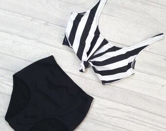 High Waisted Bikini, Vintage Style, Bathing Suit, Striped, Beachwear For Women, Stripe Swimsuit, 2 Piece, Padded Bikini, Black & White