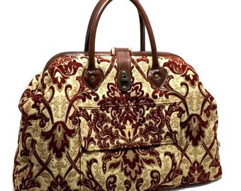 Large Mary Poppins Style Carpet Bag, Crimson Damask, Real Leather Accents, Outside Pocket, Twist Lock Clasp