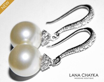 Wedding Ivory Drop Pearl Bridal Earrings Swarovski 10mm Pearl Earrings Pearl CZ Silver Earrings Bridal Bridesmaid Jewelry Wedding Jewelry
