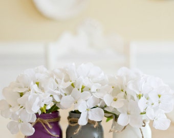 Set of 3 Pint Size Painted Ball Mason Jars. Purple/Grey/White. Wedding Decor. Home Decor. Country Wedding Centerpiece. Table Topper. Rustic.