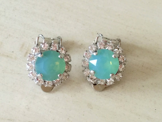 Swarovski Pacific Opal and Clear Swarovski Crystal Clip On Earrings, Silver