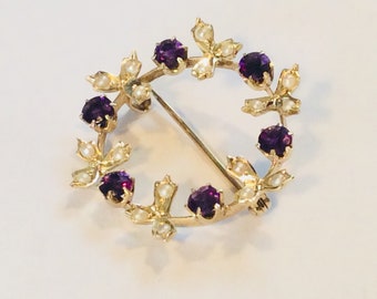14K Victorian yellow gold amethyst seed pearl brooch #589 S