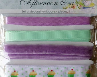Set 4 "Afternoon Tea" decorative ribbons satin, velvet, grosgrain Ribbon.