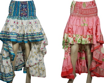 Womens High-Low Maxi Skirt 2pc Recycled Vintage Sari Gypsy Hippie Chic Ruffle Flirty Flare Summer Skirts S/M