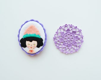 Strawberry Girl Pin / Girl Felt Brooch / Strawberry Brooch / Felt Strawberry Pin / Miniature Portrait / Girl Portrait Brooch