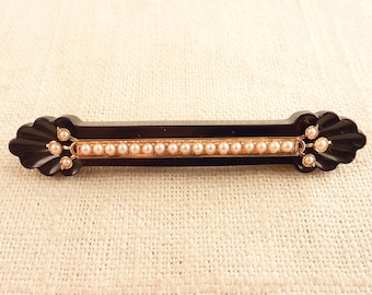 Antique Victorian 14K Gold Onyx and Seed Pearl Mourning Brooch