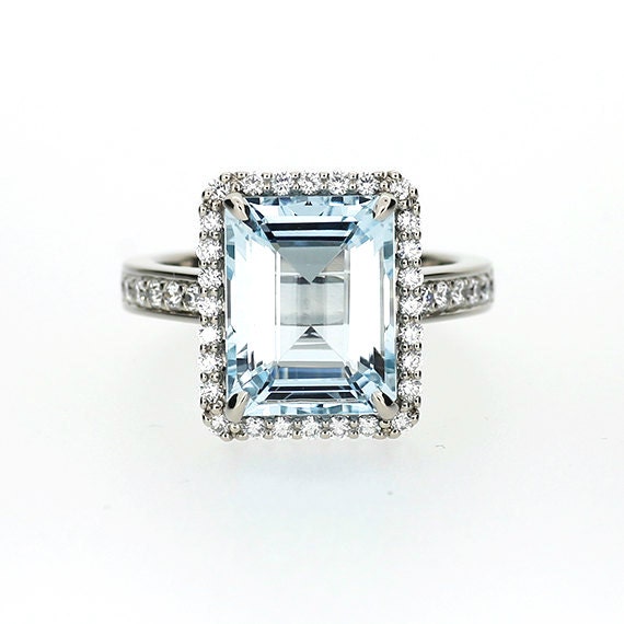 Emerald cut Aquamarine halo engagement ring white gold