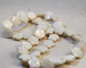 Natural White Mother-of-Pearl Shell Puffed Flower Beads, 11mm, 15-inch strand, Wholesale Beads