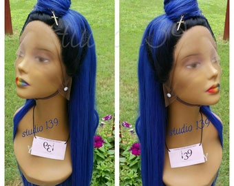 Blue ombre lace front wig dark roots