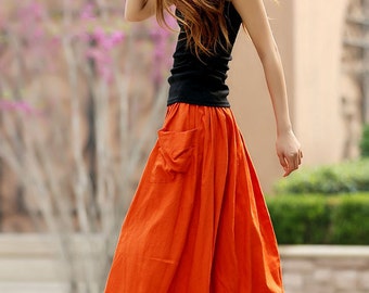 maxi skirt, orange skirt, linen skirt, A line skirt, long linen skirt, womens skirts, summer skirt, elastic waist skirt, handmade skirt 958