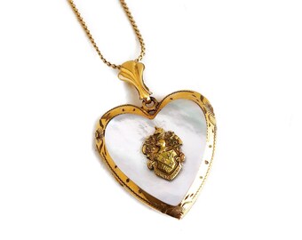 Vintage Heart Locket - 1940s 10k Gold Filled Mother of Pearl Soldier Heart Pendant 18” GF Necklace