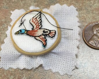 Dollhouse Miniature embroidery hoop with duck