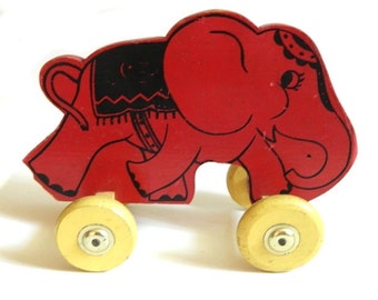 Vintage Wood Red Elephant Pull Toy on Wheels