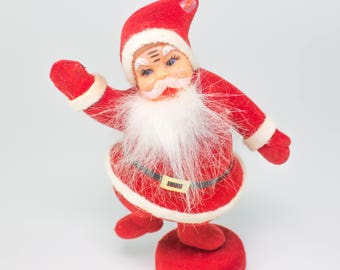 Bright Red Flocked Dancing Santa Claus Vintage Mid-Century (About 6")
