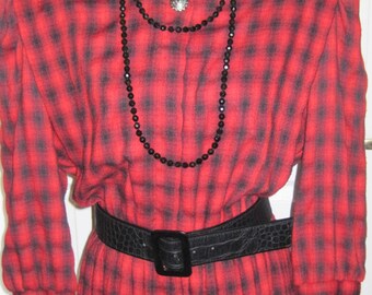 Red And Black Plaid Dress, Vintage Clothing, Marked Lady Carol, Made In New York, Elastic Waist Band