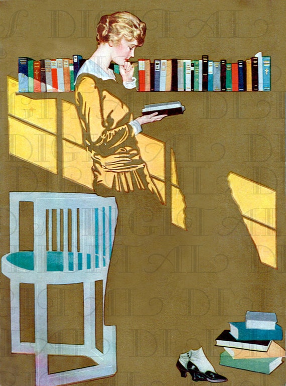 Art Deco Lady READING. Vintage Books ILLUSTRATION.