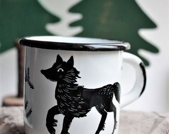 Lone wolf-hand-painted enamel cup