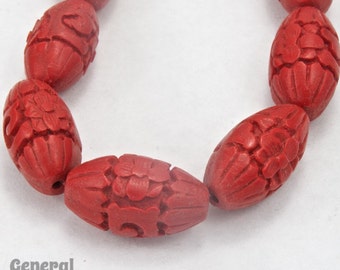 10mm x 20mm Carved Flower Oval Cinnabar Bead #AAZ002