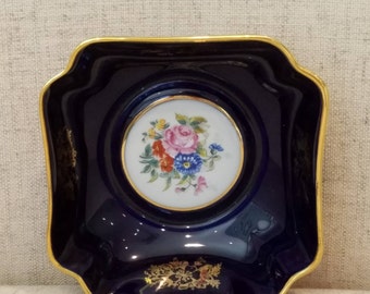 Limoges France decorative bowl, rich cobalt blue with gold trim