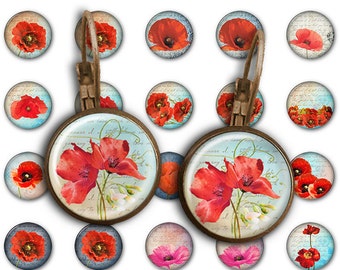 75% OFF SALE Red Poppies - 18mm, 16mm, 14mm, 12mm, 10mm Circles Digital Collage Sheets E-010 Printable for Earring, Rings, Jewelry Making