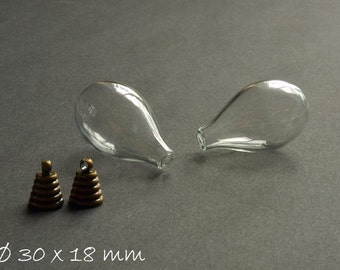 2 PCs - hollow beads clear drops 30 x 18 mm