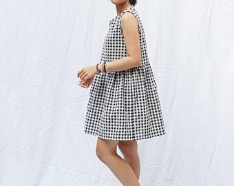 Sleeveless gingham smock dress, Loose babydoll dress, Sun dress, Plaid dress