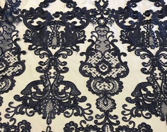 Navy Blue Embroidered Antique King's Lace fabric by the yard